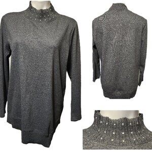 Rafaella gray sweater Women's medium Embellished neck Asymmetrical Winter warm